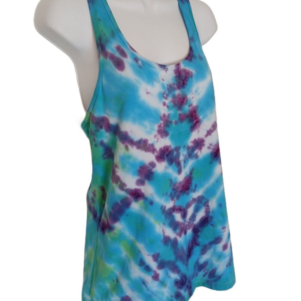 Tie Dye Racerback Tank Top With Abstract Pattern Women Size L Blue Purple Green